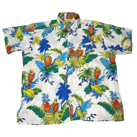 Rima Shirt Men XL Parrot Tropical White Blue Button Front Hawaiian Palm Tree - Picture 1 of 9